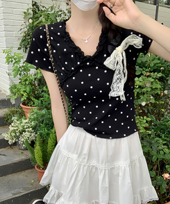 半袖Tシャツ Vネックレースドット半袖Tシャツ BLACK