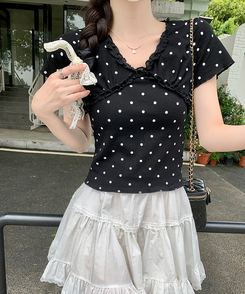 半袖Tシャツ Vネックレースドット半袖Tシャツ BLACK