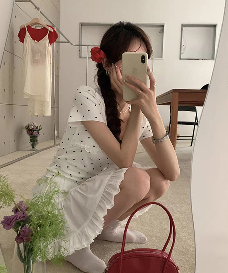 Vネックレースドット半袖Tシャツ WHITE