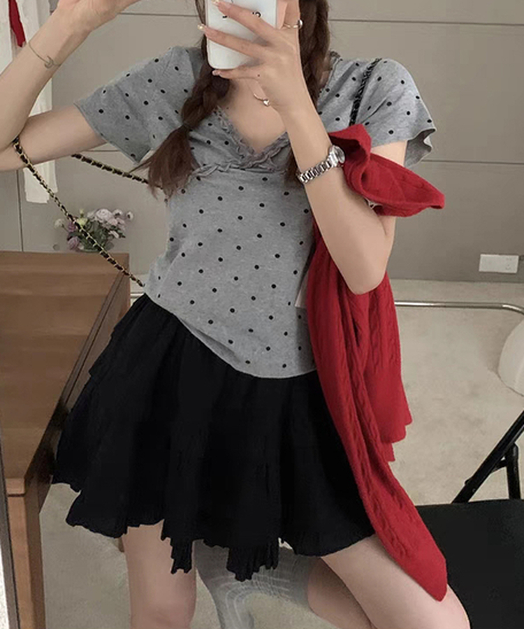 Vネックレースドット半袖Tシャツ GREY