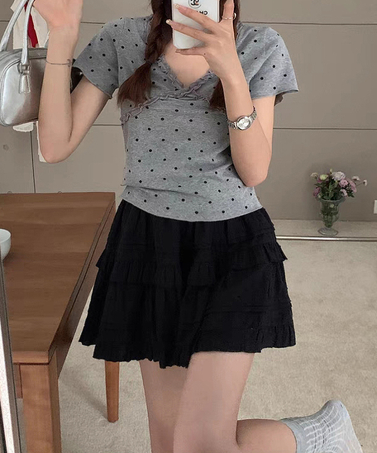 半袖Tシャツ Vネックレースドット半袖Tシャツ GREY