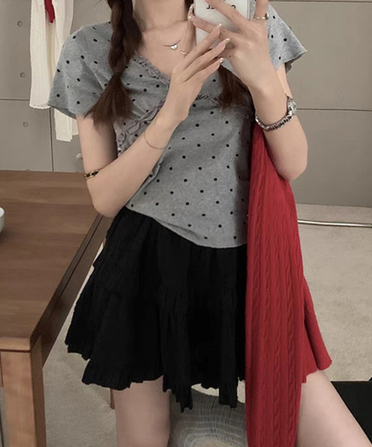 Vネックレースドット半袖Tシャツ GREY