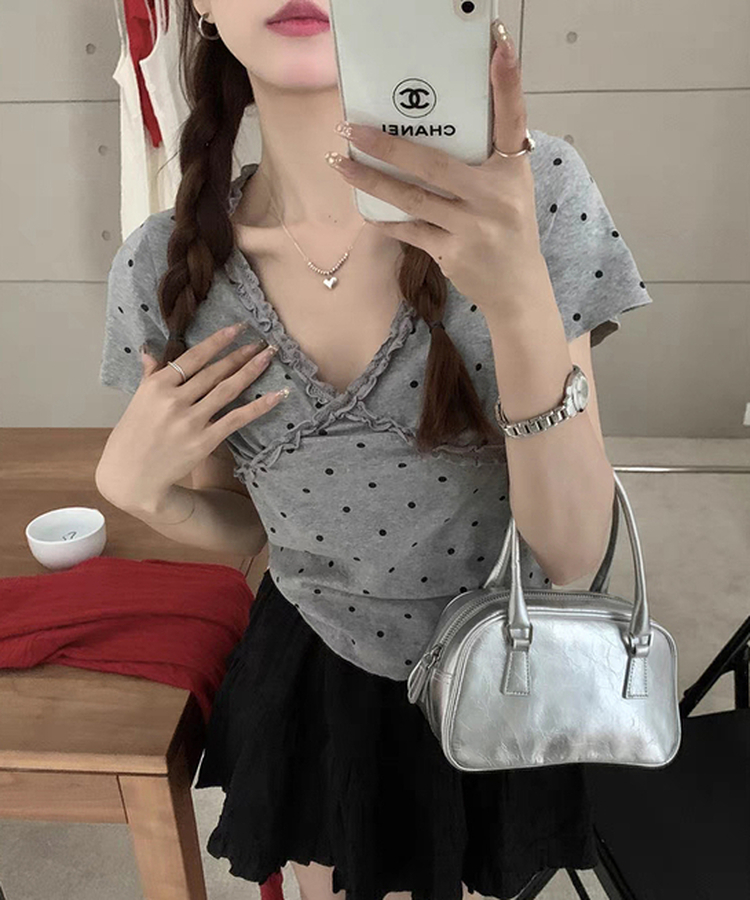 Vネックレースドット半袖Tシャツ GREY