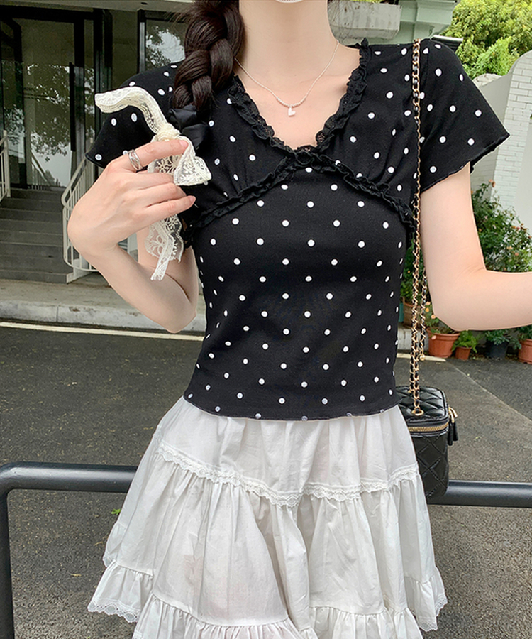 Vネックレースドット半袖Tシャツ BLACK