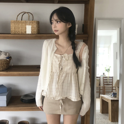 [레이어드템!]러블리 체크 리본 뷔스티에 나시 블라우스 2color 살구(크림)
