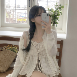 [레이어드템!]러블리 체크 리본 뷔스티에 나시 블라우스 2color 살구(크림)