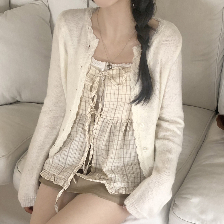 [레이어드템!]러블리 체크 리본 뷔스티에 나시 블라우스 2color 살구(크림)