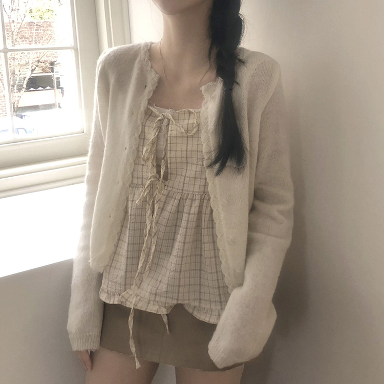 [레이어드템!]러블리 체크 리본 뷔스티에 나시 블라우스 2color 살구(크림)