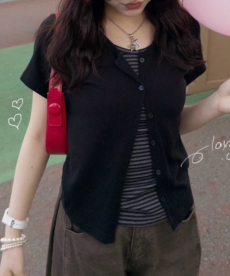 보더반팔 레이어드 가디건 검정