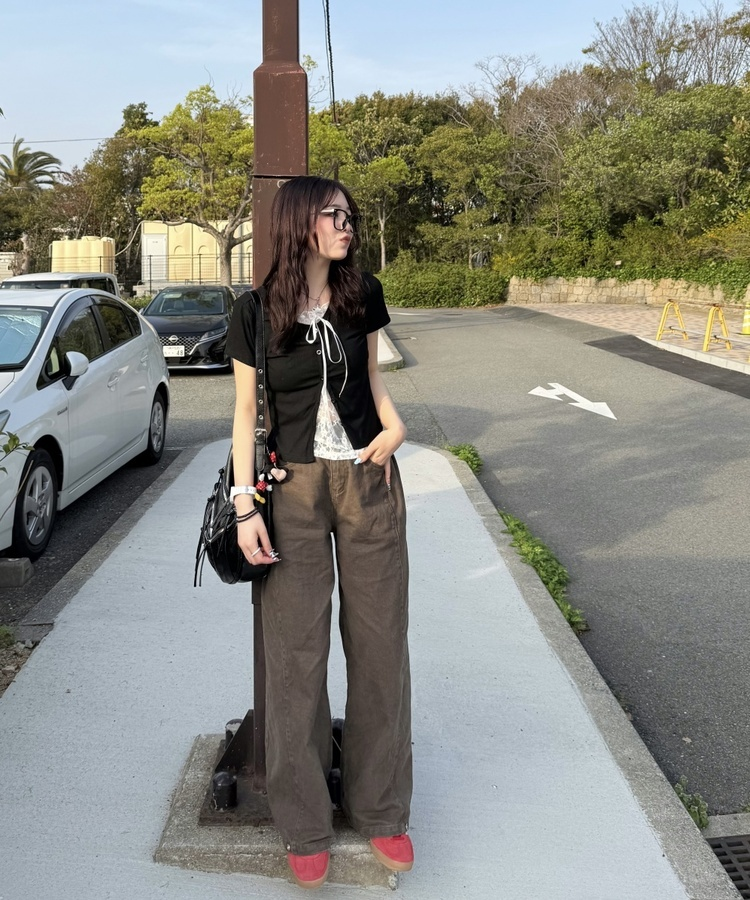 半袖Tシャツ レースレイヤード半袖カーディガン BLACK