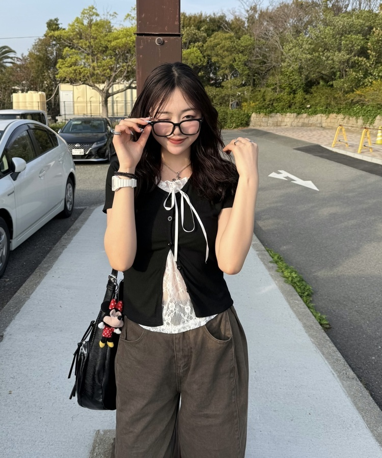 半袖Tシャツ レースレイヤード半袖カーディガン BLACK