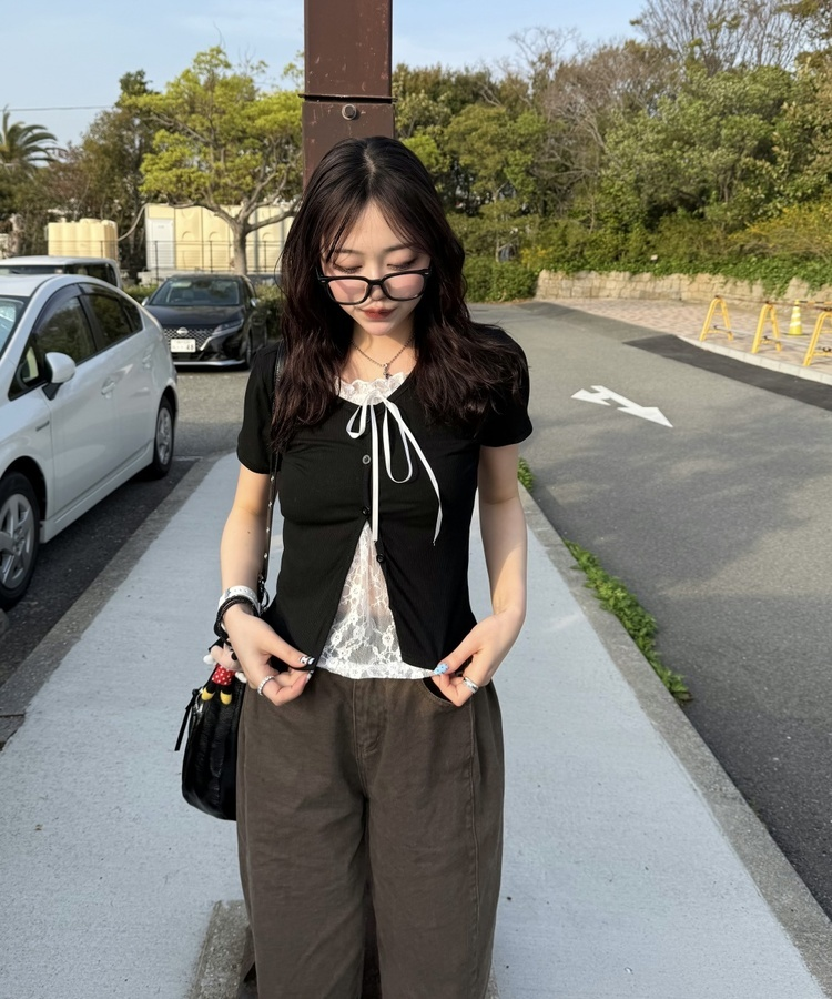 半袖Tシャツ レースレイヤード半袖カーディガン BLACK