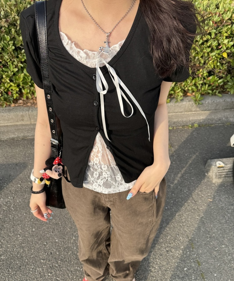 半袖Tシャツ レースレイヤード半袖カーディガン BLACK