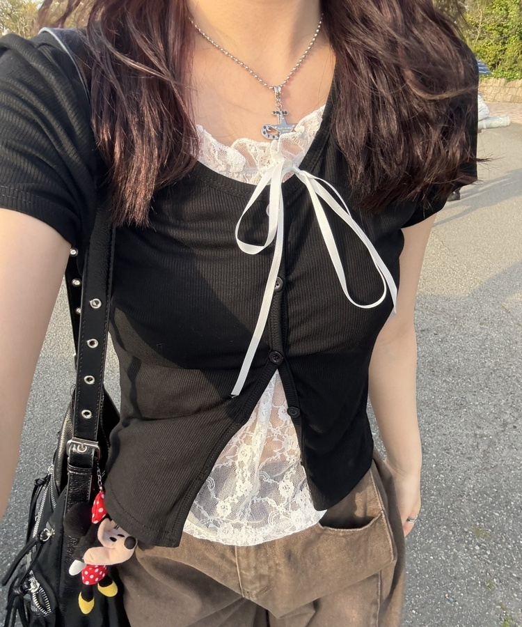 半袖Tシャツ レースレイヤード半袖カーディガン BLACK
