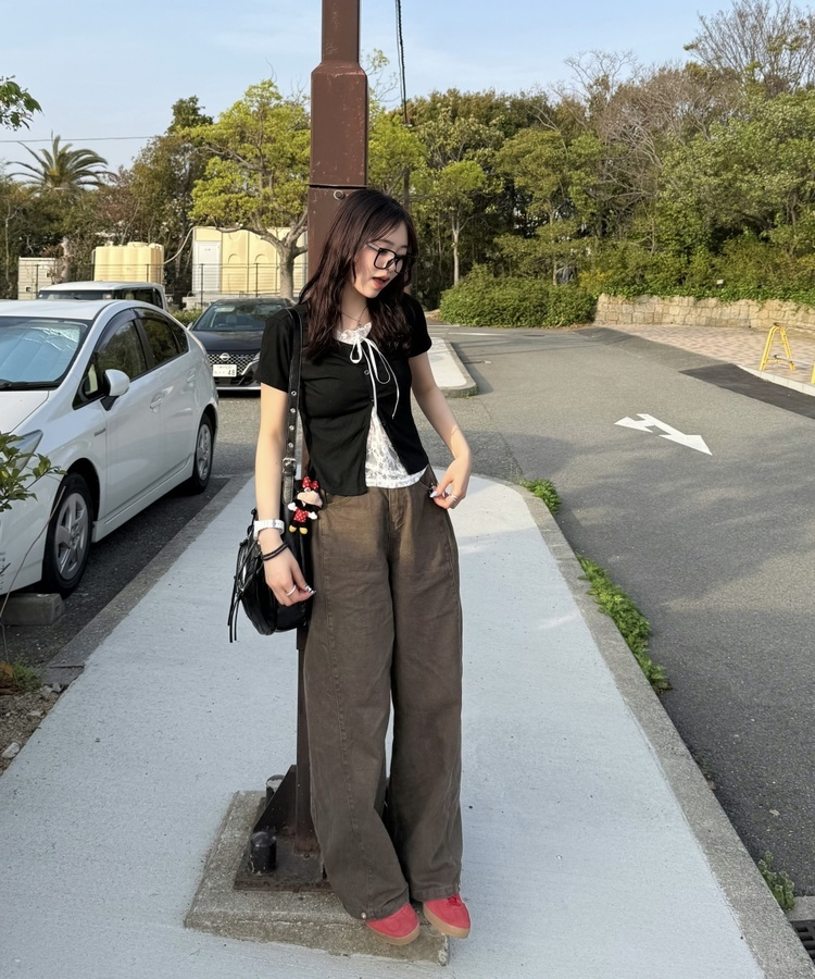 半袖Tシャツ レースレイヤード半袖カーディガン BLACK