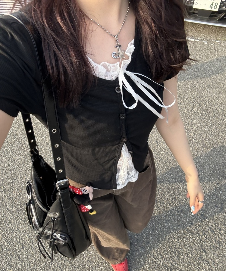 半袖Tシャツ レースレイヤード半袖カーディガン BLACK