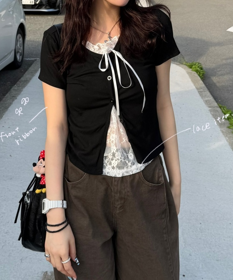 半袖Tシャツ レースレイヤード半袖カーディガン BLACK