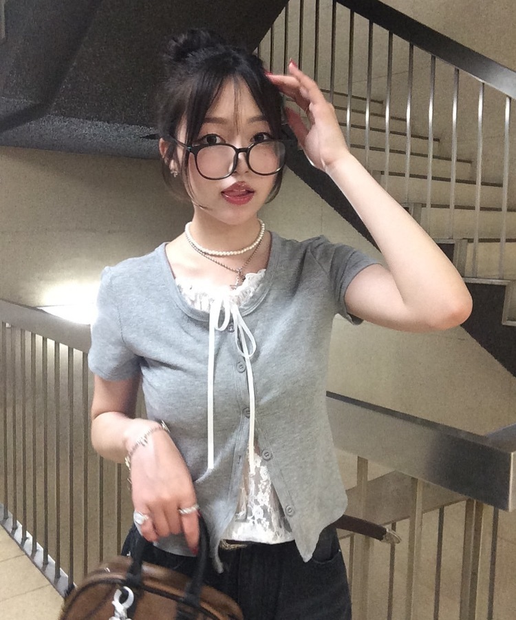 半袖Tシャツ レースレイヤード半袖カーディガン GRAY