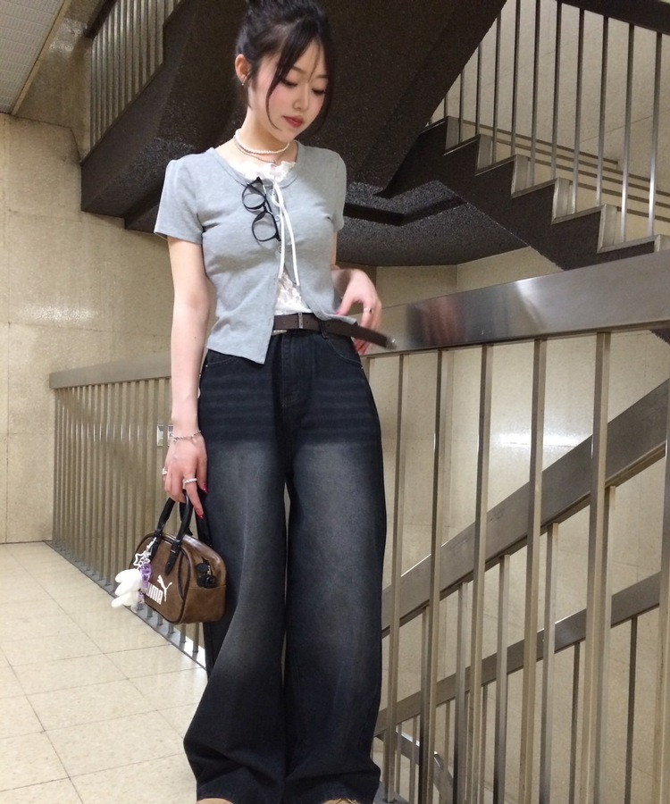 半袖Tシャツ レースレイヤード半袖カーディガン GRAY