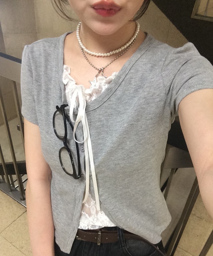 半袖Tシャツ レースレイヤード半袖カーディガン GRAY