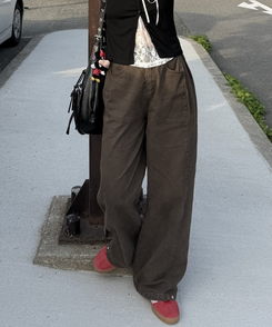 コットンパンツ 【SHORT/BASIC/LONG 丈別】ルーズワイドカラーパンツ BROWN