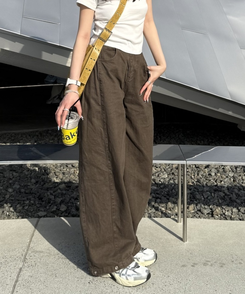 コットンパンツ 【SHORT/BASIC/LONG 丈別】ルーズワイドカラーパンツ BROWN