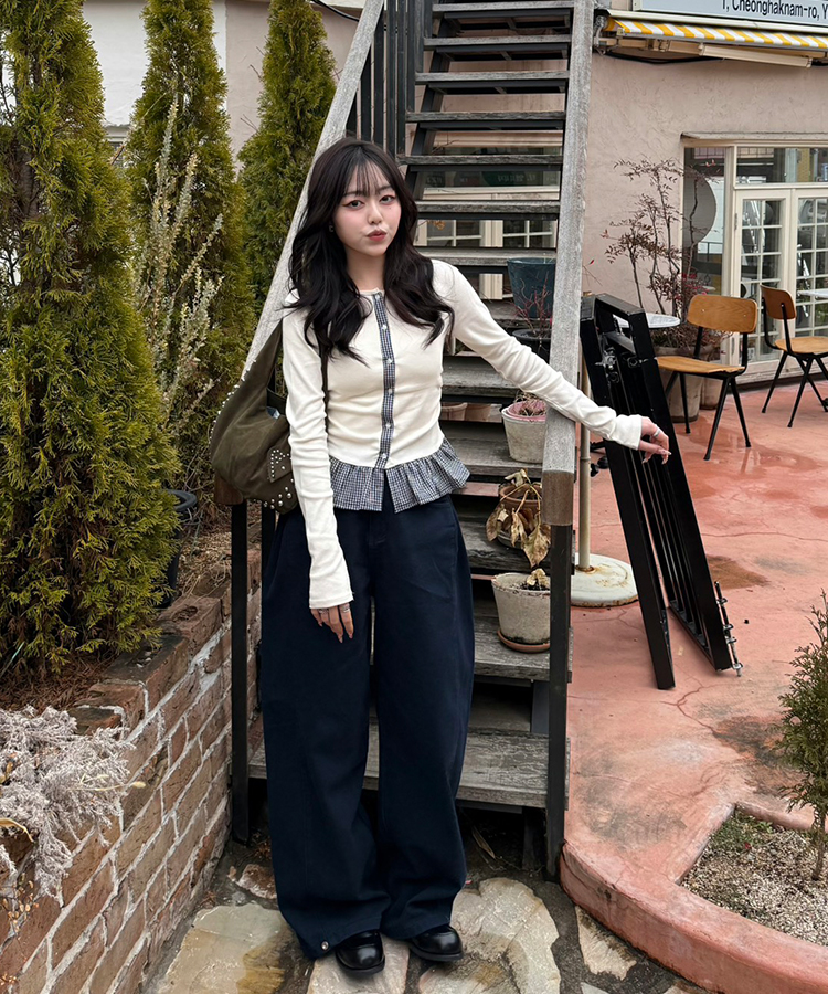 [숏/베이직/롱] 기장선택 스냅 와이드 롱팬츠 (4color) 네이비
