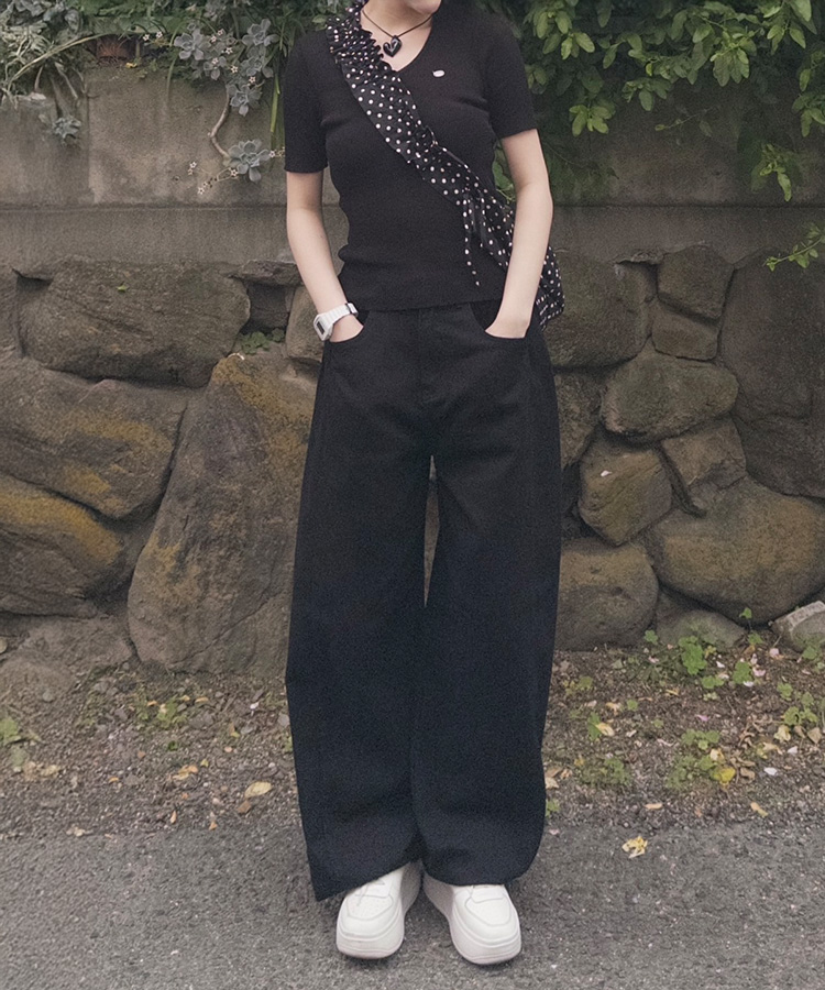 コットンパンツ 【SHORT/BASIC/LONG 丈別】ルーズワイドカラーパンツ BLACK