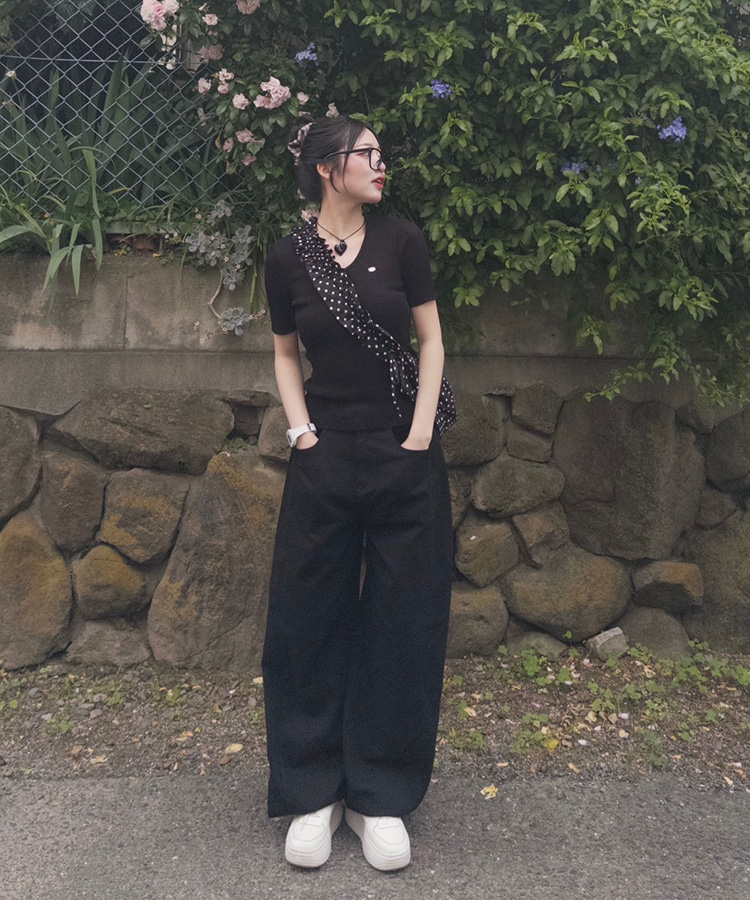 コットンパンツ 【SHORT/BASIC/LONG 丈別】ルーズワイドカラーパンツ BLACK