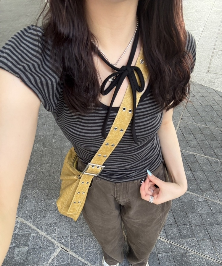 半袖Tシャツ リボンストライプ半袖Tシャツ BLACK