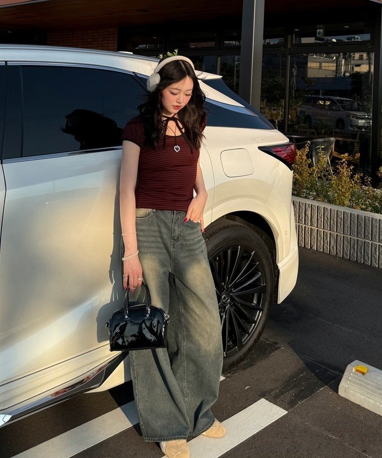半袖Tシャツ リボンストライプ半袖Tシャツ WINE