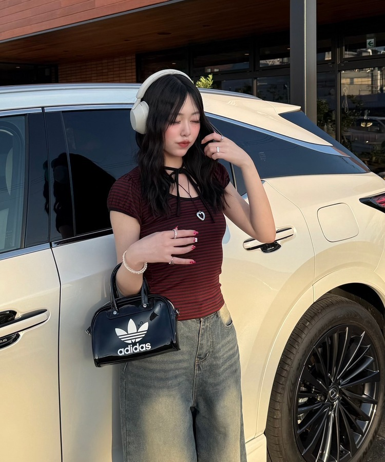 半袖Tシャツ リボンストライプ半袖Tシャツ WINE