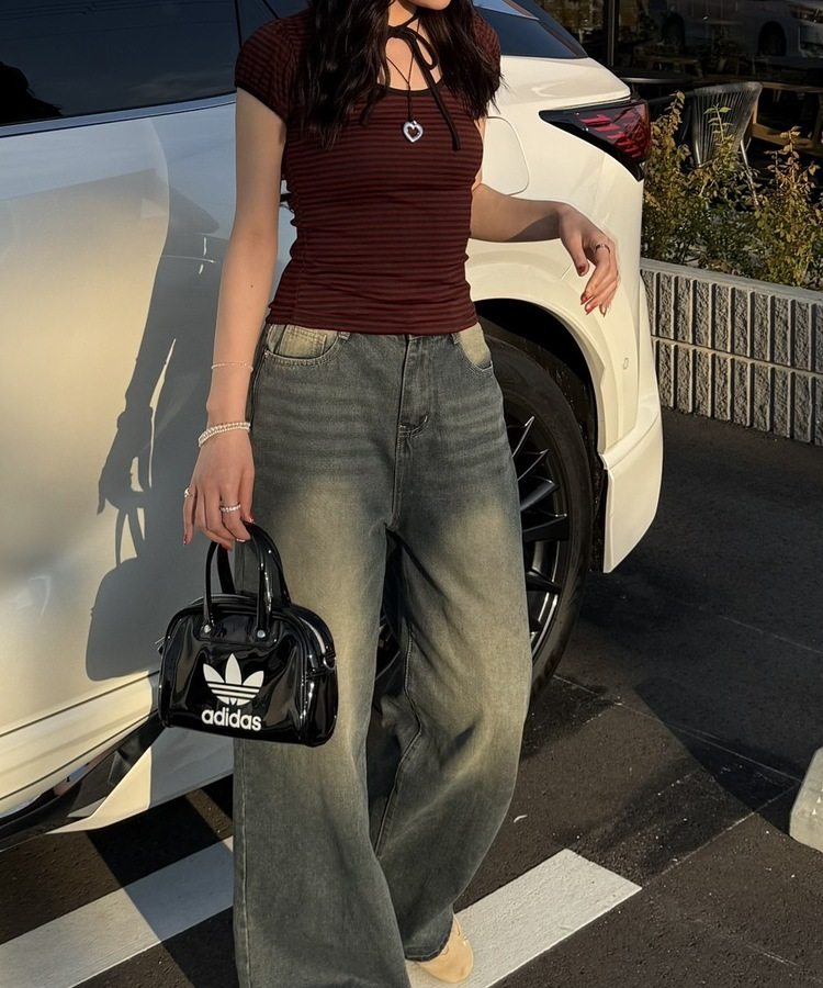 半袖Tシャツ リボンストライプ半袖Tシャツ WINE