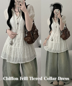 ミニワンピース シフォンフリル半袖ミニワンピース IVORY