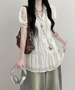 ミニワンピース シフォンフリル半袖ミニワンピース IVORY
