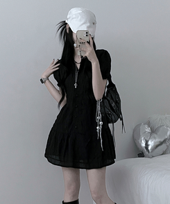 ミニワンピース シフォンフリル半袖ミニワンピース BLACK