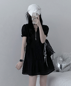 ミニワンピース シフォンフリル半袖ミニワンピース BLACK