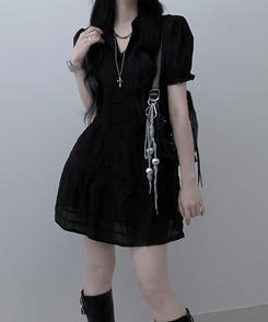 ミニワンピース シフォンフリル半袖ミニワンピース BLACK