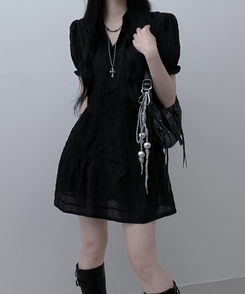 ミニワンピース シフォンフリル半袖ミニワンピース BLACK