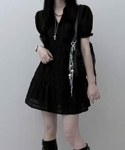 ミニワンピース シフォンフリル半袖ミニワンピース BLACK