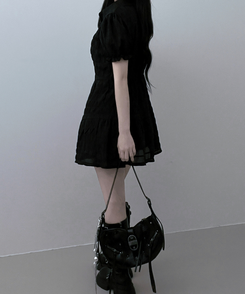 ミニワンピース シフォンフリル半袖ミニワンピース BLACK