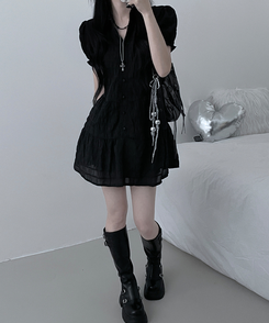 ミニワンピース シフォンフリル半袖ミニワンピース BLACK