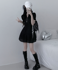 ミニワンピース シフォンフリル半袖ミニワンピース BLACK
