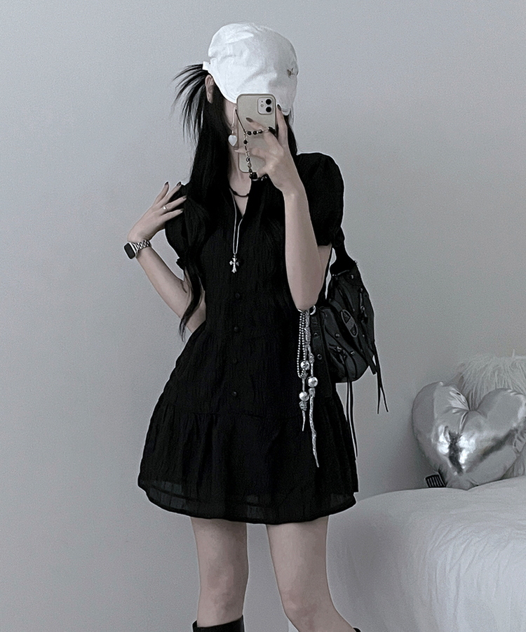 シフォンフリル半袖ミニワンピース BLACK