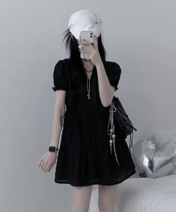シフォンフリル半袖ミニワンピース BLACK