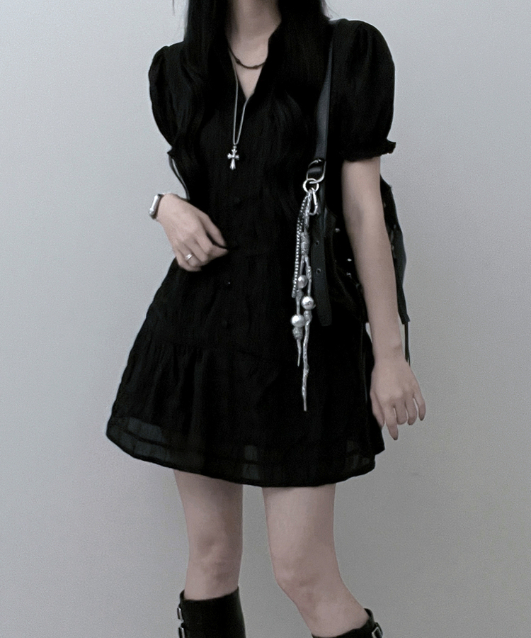 シフォンフリル半袖ミニワンピース BLACK