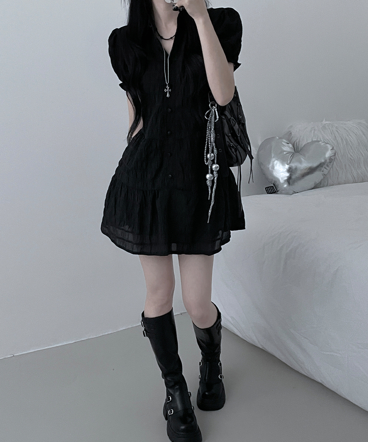 シフォンフリル半袖ミニワンピース BLACK