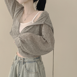 [한여름까지~/햇빛차단] 린넨 아방핏 시스루 후드 크롭 니트 집업 살안타템 커버업 비치웨어 메란지