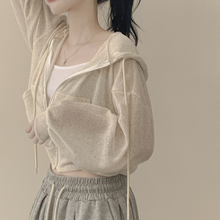 [한여름까지~/햇빛차단] 린넨 아방핏 시스루 후드 크롭 니트 집업 살안타템 커버업 비치웨어 아이보리