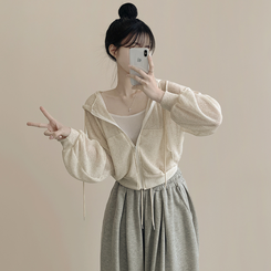 [한여름까지~/햇빛차단] 린넨 아방핏 시스루 후드 크롭 니트 집업 살안타템 커버업 비치웨어 아이보리